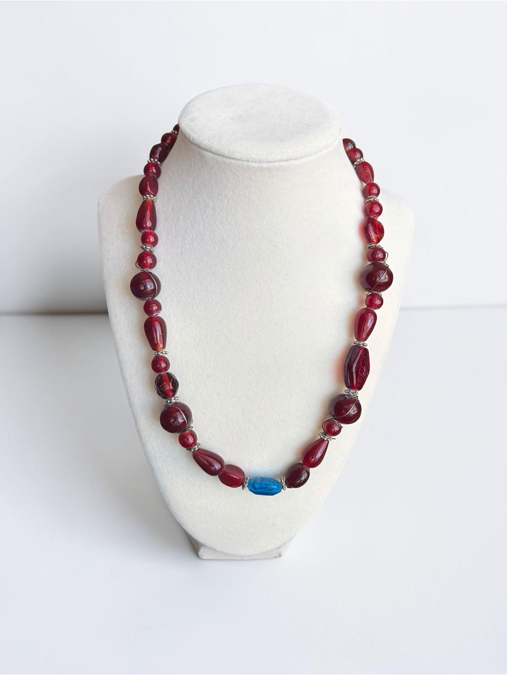 Handcrafted Deep Red Glass Beaded Necklace with Blue Accent